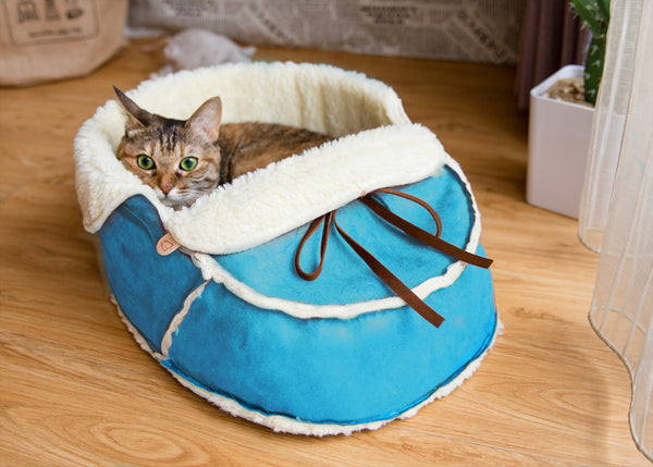 Sherpa Moccasin Pet Bed in Blue Suede- 100% vegan materials
