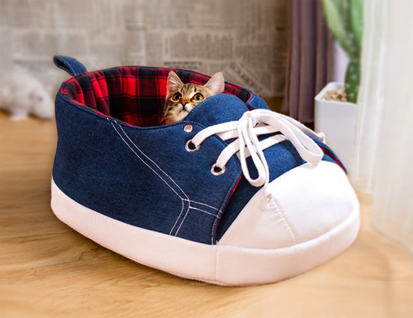 Deep discount "Seconds" SALE! Sneaker Cat Bed in Black & Red Tartan Fleece