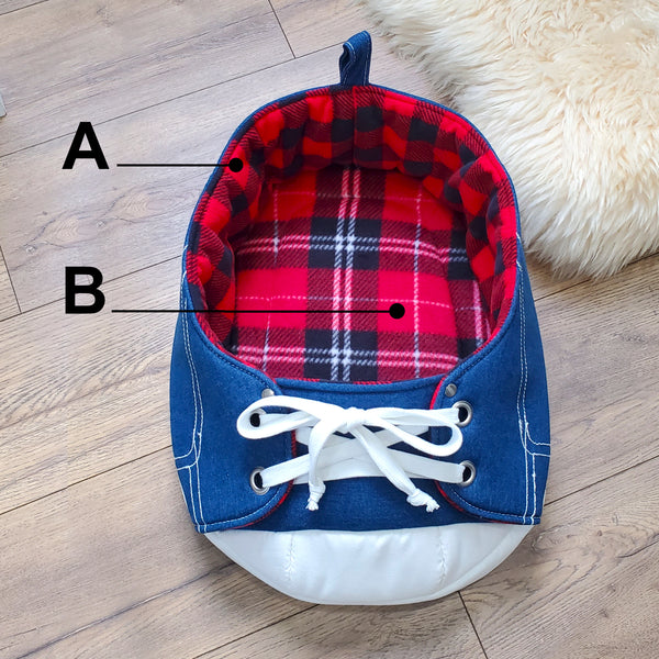 Deep discount "Seconds" SALE! Sneaker Cat Bed in Black & Red Tartan Fleece