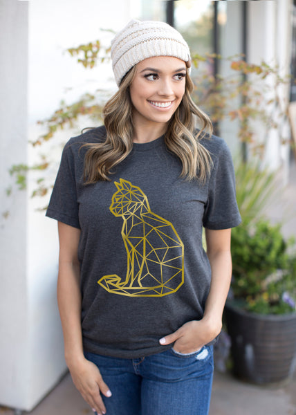 crew neck tee with gold cat print
