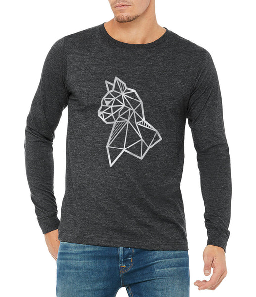 silver cat illustration on long sleeve t shirt