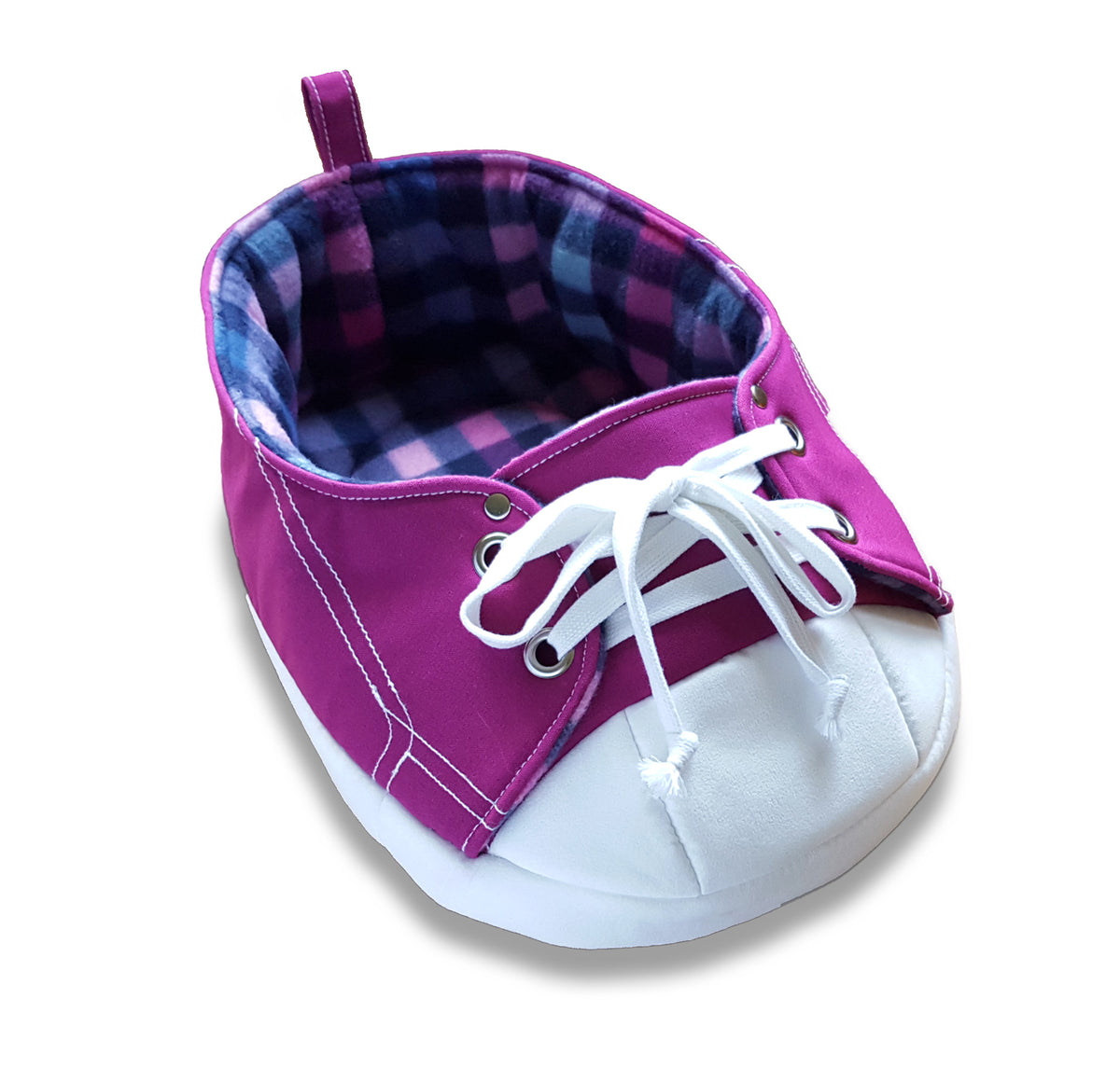 purple-sneaker-cat-bed-with-pink-and-blue-fleece-napping-jojo