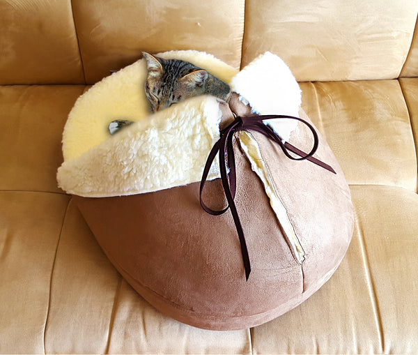 Giant Slipper Bed in Mocha with a cat sleeping in it