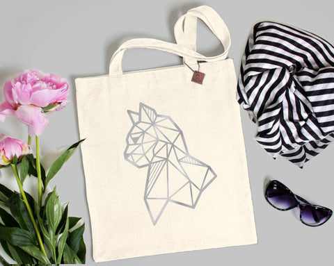 silver cat print on a beige tote bag