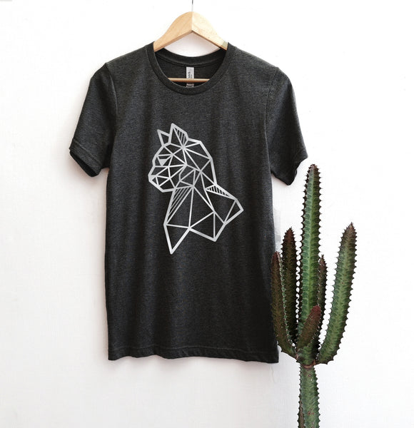 hanging dark grey tee with silver cat print on it