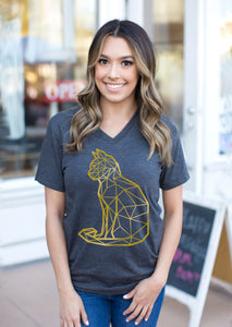 v neck tee with gold cat print