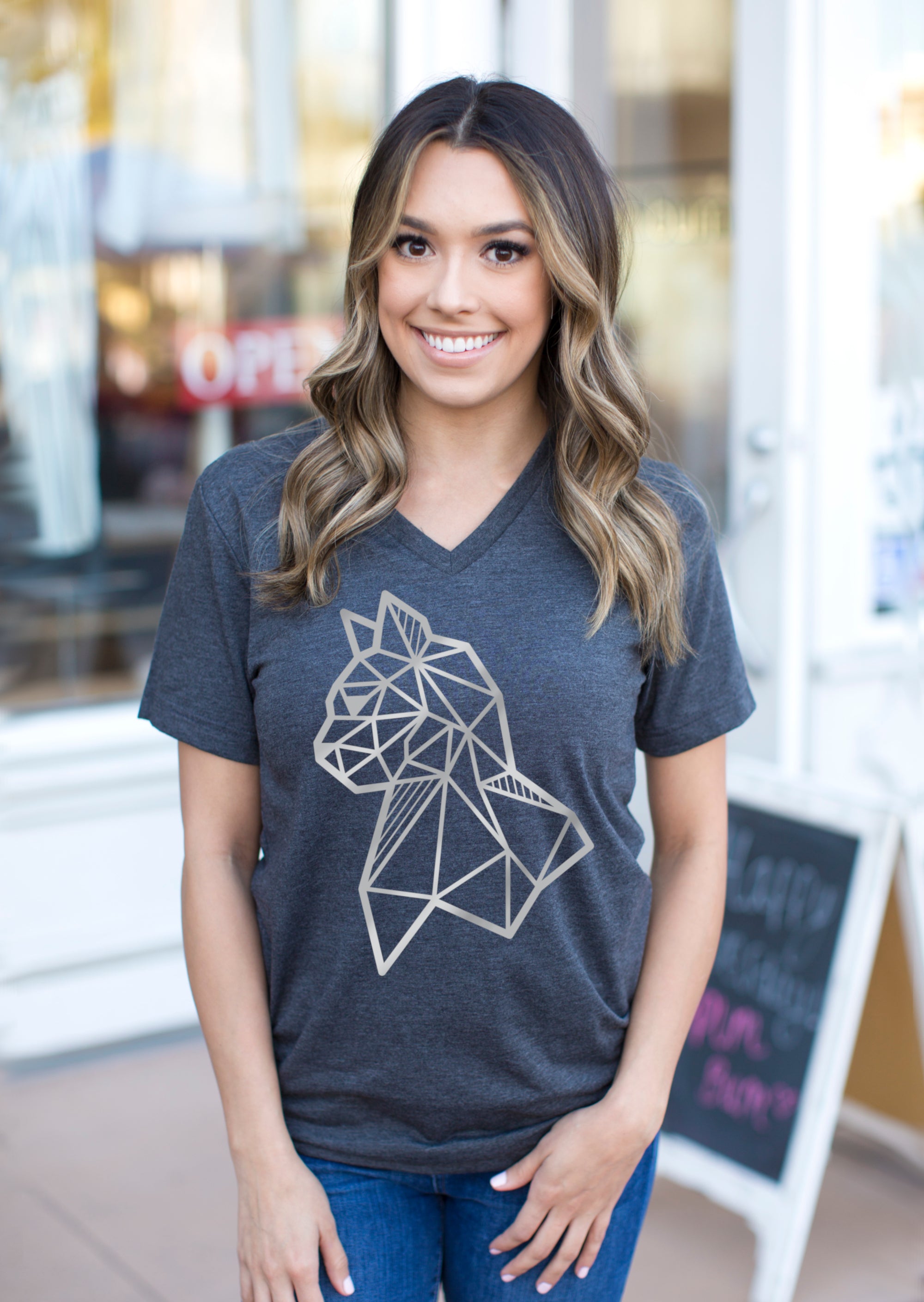 SALE: Silver Geometric Cat T-shirt: V Neck; Crew Neck; Long
