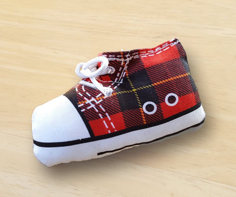 Sneaker Cat Toy in Black and Red Tartan
