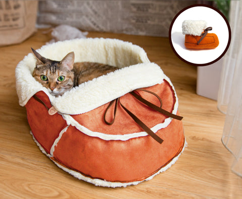 orange moccasin bed and a matching catnip toy gift set