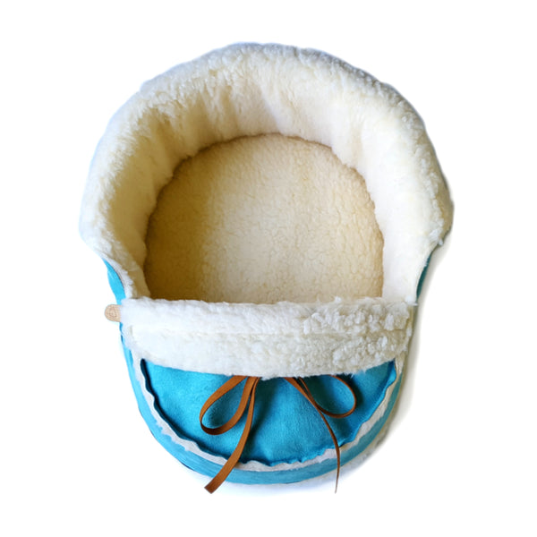 blue moccasin bed top view