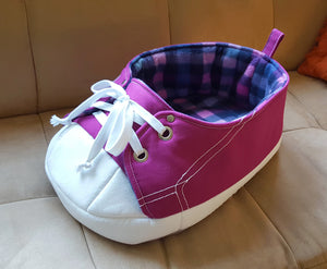 Purple Sneaker Pet Bed with Pink and Blue Tartan Fleece