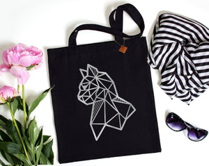 black tote bag with silver cat print